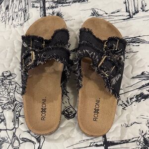 Black Frayed Slide Sandals